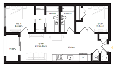 Floor plan for 2 beds, 2 baths, 879 sqft